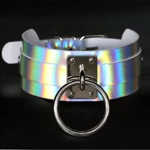 Metallic choker hologram necklace ring bondage irridescent bondage leash chain
